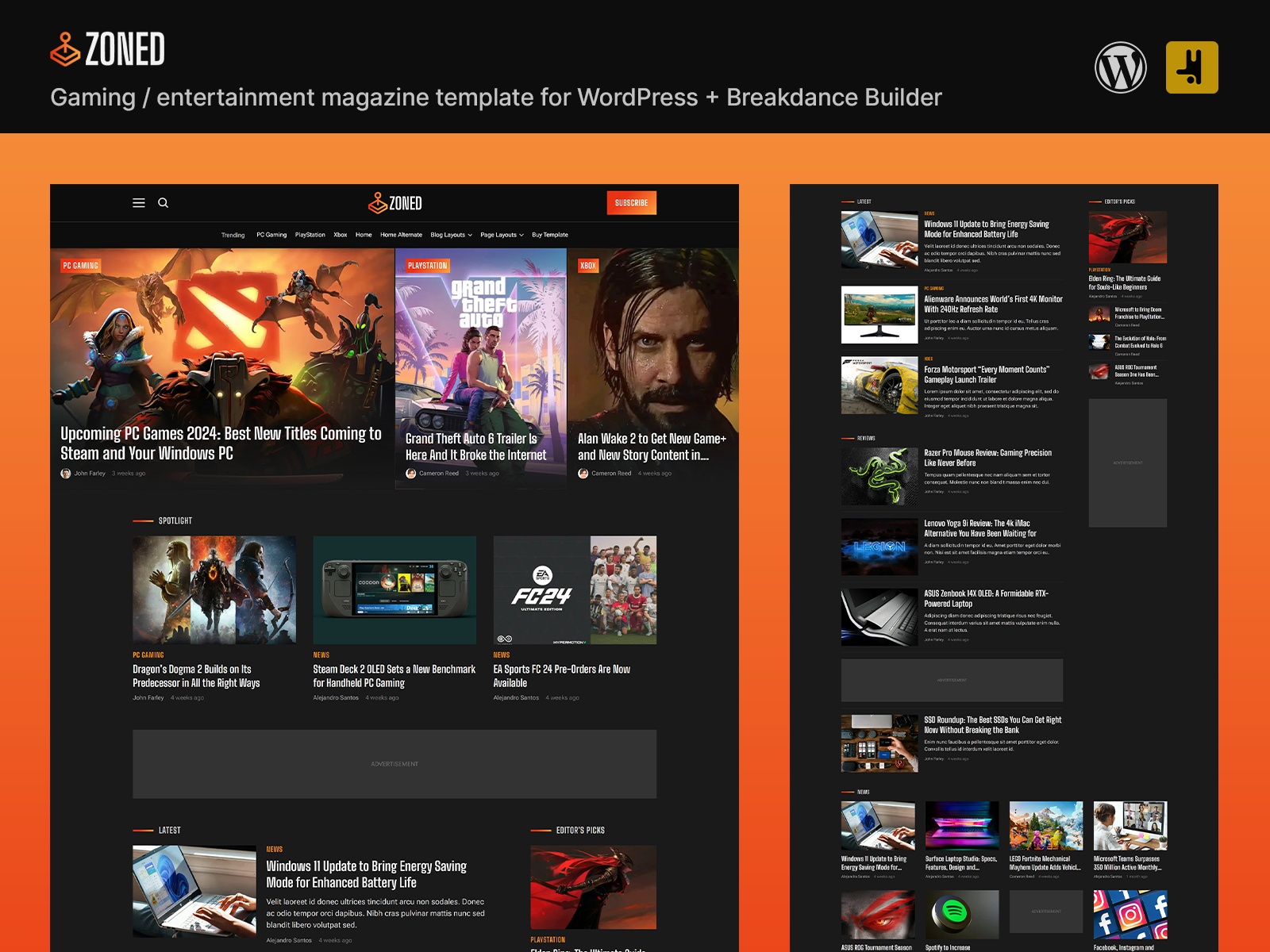 Zoned — Gaming / Entertainment Magazine Template (Breakdance Builder) screenshot